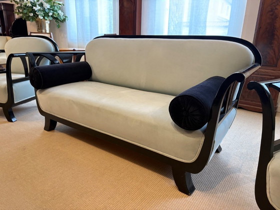 Image 1 of Elegante Wohnzimmergarnitur im Art-Deco-Stil – Sofa und zwei Sessel – dunkel lackiertes Holz – ca. 1925–1935