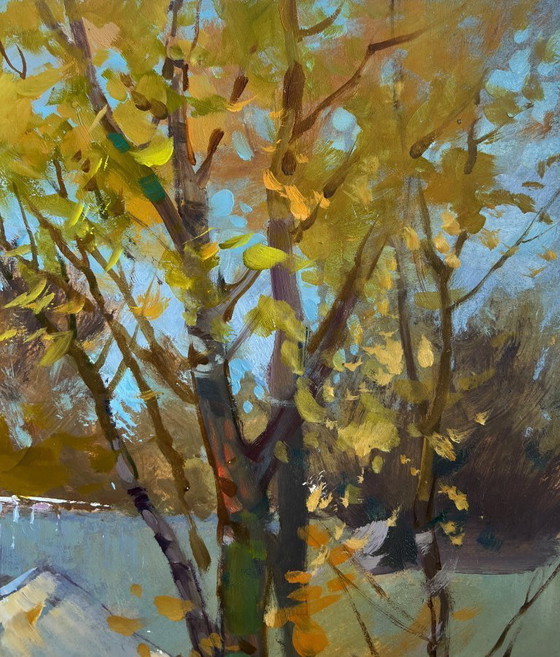 Image 1 of Original Oil Painting Autumn Village Landscape The rustle of autumn outside the window