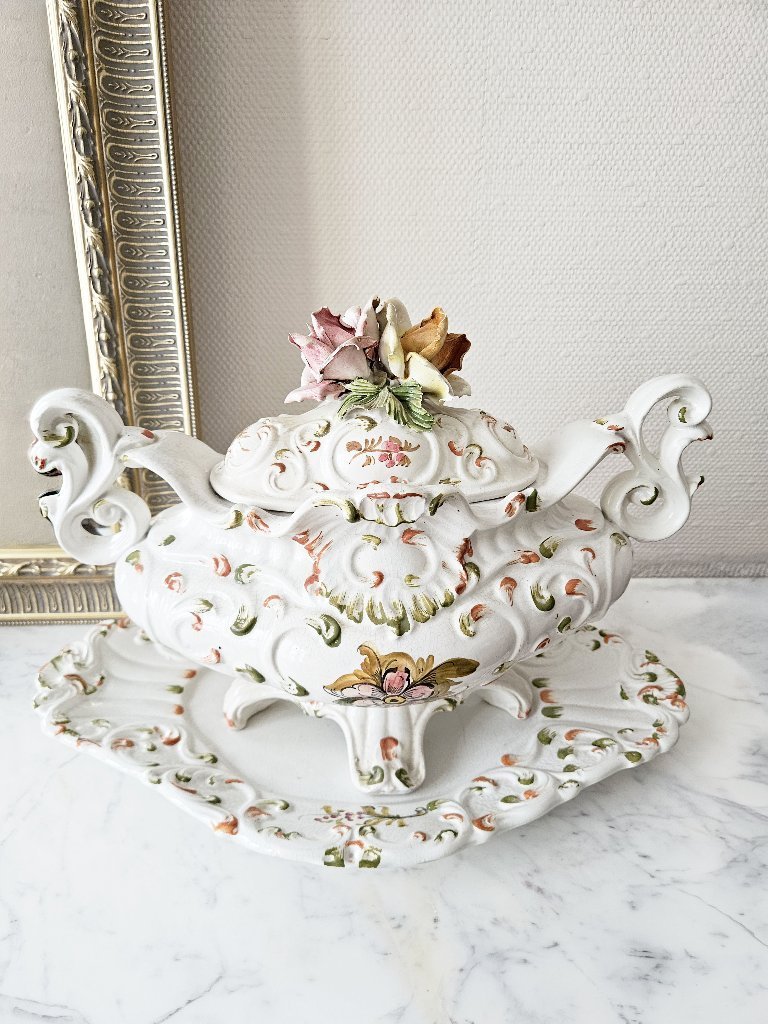 Large Bassano Italy White Earthenware Soup Tureen with Floral