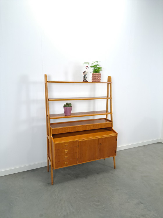 Image 1 of Teak Veneer Cabinet From Sweden With Drawers, Shelf And Extendable Shelf