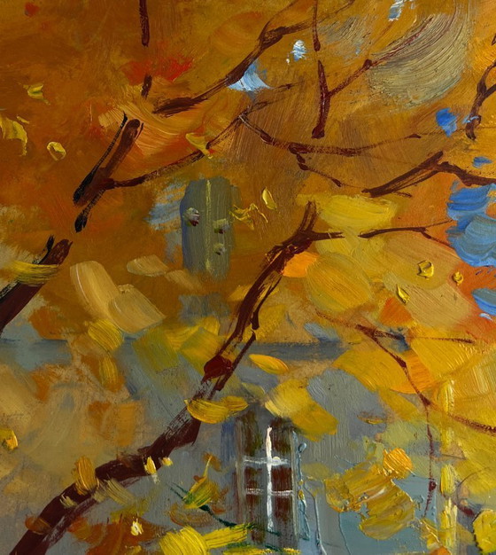 Image 1 of Original Oil Painting City Street Landscape Autumn leaves are flying