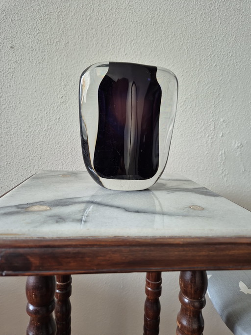 Heavy glass Serica vase with blue-purple spiral and clear glass overlay