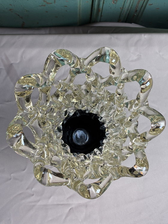Image 1 of Lattice Web Art Glass Vase with Lime Design Murano Style