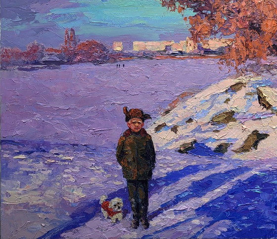 Original Oil Painting Winter Landscape City Outskirts Ice on the River – Paintings & Drawings, Canvas (photo 6 of 7)