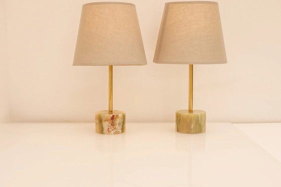Image 1 of Mid-century modern Italian onyx and brass table lamps, set of 2