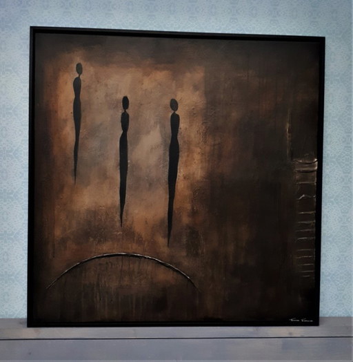 Frances Eckhardt- peinture figurative 3 figures 90x90cm encadrée