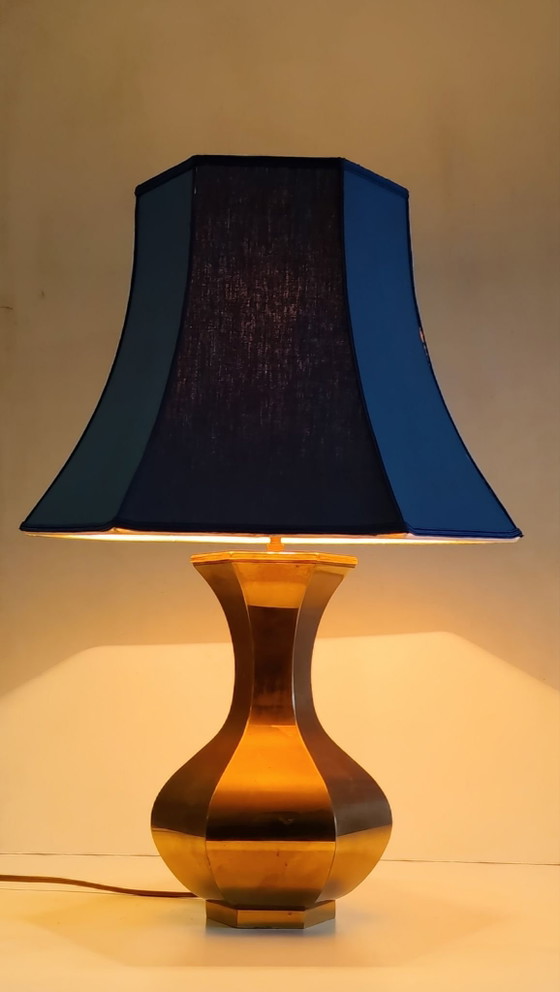 Lampada da tavolo di design anni '70 in ottone dorato e tessuto blu, Lampade da tavolo (foto 3 di 8)