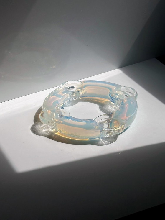 Image 1 of Murano Candle Holder Opal Glass Iridescent Opalina Filigrana 60s Mid - Century Mouth Blown