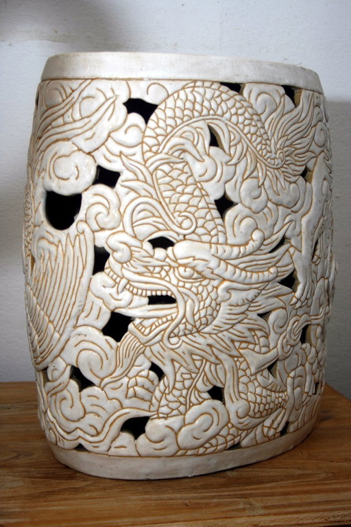 Taburete/Mesa auxiliar de jardín de cerámica china vintage – Calado con dragón, fénix y tortuga – krukjes, Other
