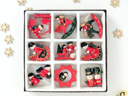 2 x sets of 1980s Wooden Christmas Ornaments (17 pieces) | East Germany Folk Art 
