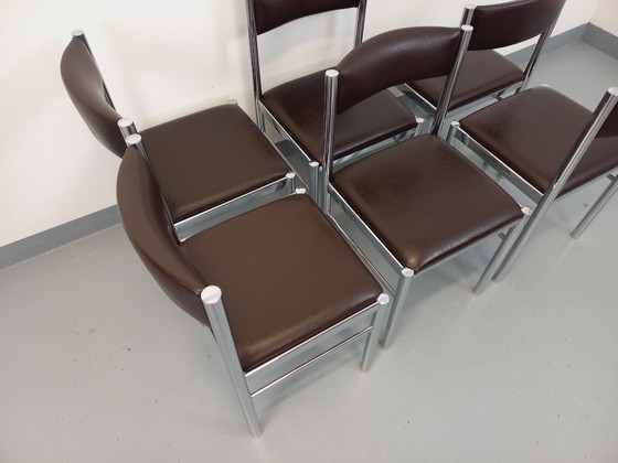 Image 1 of Set di 6 sedie vintage anni '70 in metallo cromato e similpelle marrone