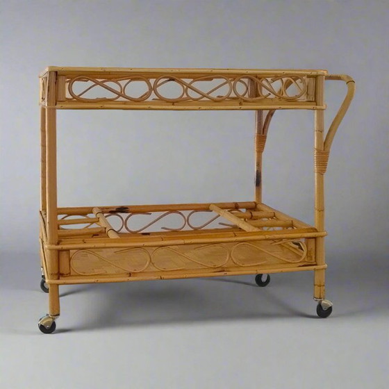 Image 1 of 1960s Exquisite Italian Bamboo & Rattan Bar Cart by Franco Albini - Mid Century Trolley
