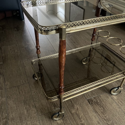 Carrello bar in ottone anticato e legno