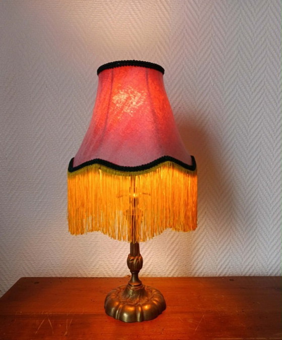 Image 1 of Art Nouveau lamp with fringed, couture-style lampshade