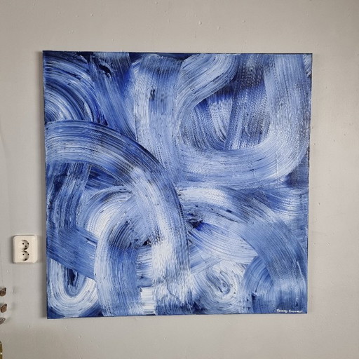 Frances Eckhardt - 100x100 cm hand-painted abstract painting blue white contemporary modern art