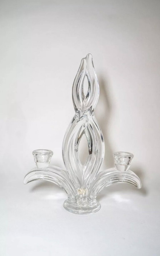 Image 1 of Pair of Vannes crystal candlesticks, fleur-de-lis motif, mid-century