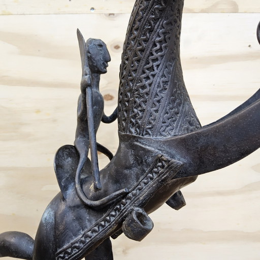 Grande statua in bronzo di un guerriero africano a cavallo (tribù Dogon)