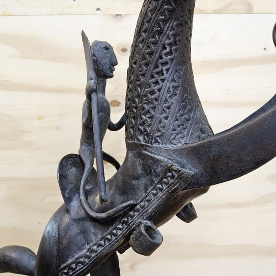 Image 1 of Groot Bronzen beeld Afrikaanse krijger op paard (Dogon stam) 