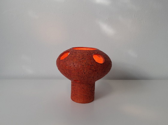 Image 1 of Keramieken vintage tafellamp, chamotte klei, oranje brutalist aardewerken mcm lamp