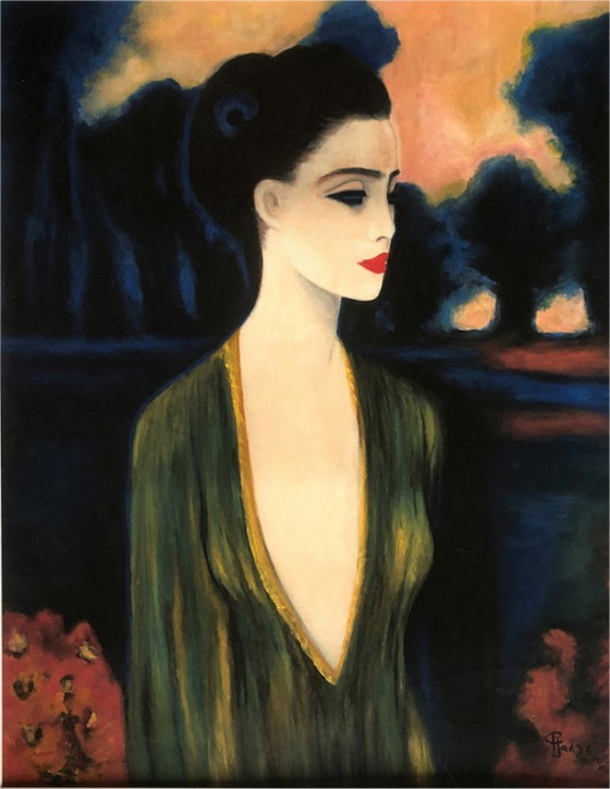 Image 1 of Art Deco Large Painting Portrait of a Woman Gouache 68x52 cm Signed C Janse