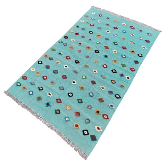 Handgewebter Wollteppich mit Reliefmuster | Moderner türkisfarbener Teppich | 125 × 200 cm (49 × 79 Zoll) (photo 6 of 10)