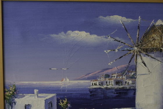 Image 1 of Dipinto ad olio originale "Mulino a vento greco in riva al mare" - Firmato da Nicolaoy - Incorniciato