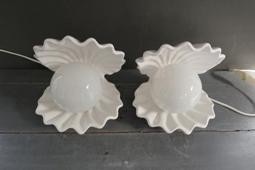 Vintage set of oyster lamps, shells with pearls