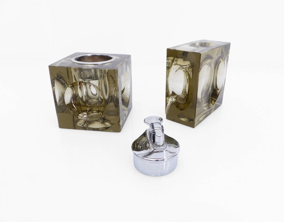Image 1 of Set cendrier et briquet de table Space Age en verre Murano fumé, Antonio Imperatore, Italie, 1970