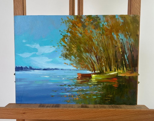 Original Oil Painting Coastal River Landscape Between water and trees
