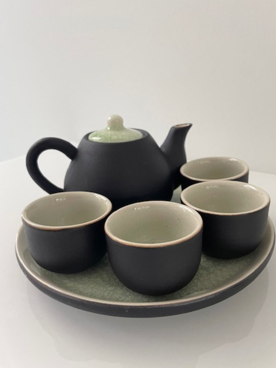 Image 1 of Elegante servizio da tè giapponese/asiatico in ceramica verde screpolata