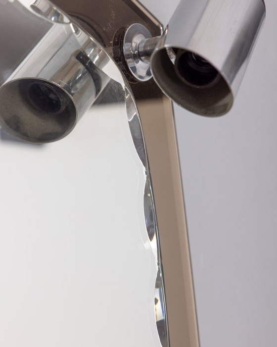 Image 1 of VINTAGE 1960S SMOKED GLASS WALL MIRROR WITH ITALIAN DESIGN SPOTLIGHTS