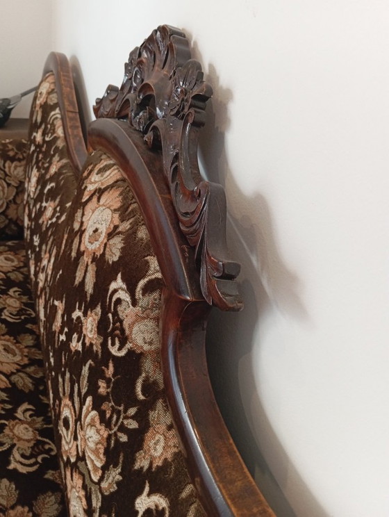 Antique 19th-Century Elizabethan Mahogany Sofa (1.85 M) - Hand-Carved Wood & Mint Condition – Textile (photo 5 of 5)