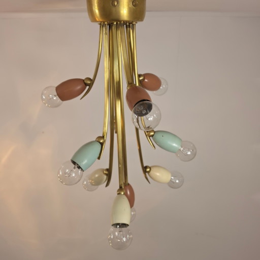 Lampe Spoutnik, années 1950, laiton italien, 10 douilles