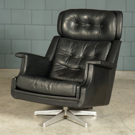 Image 1 of Poltrona girevole vintage in pelle nera, anni '70