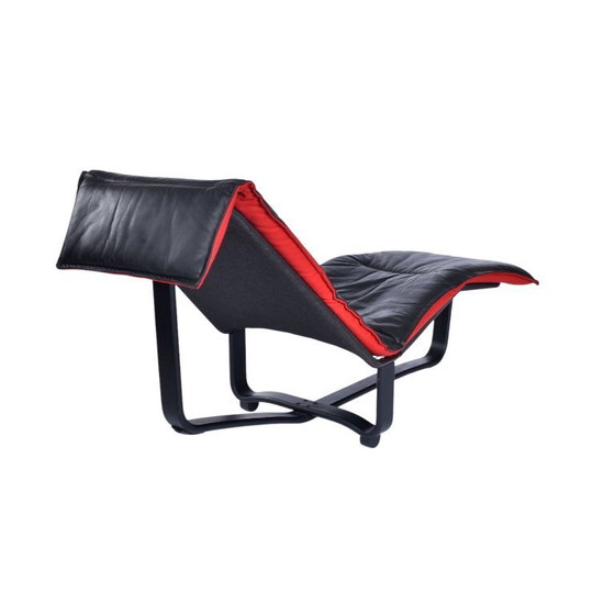 Image 1 of Westnofa Norwegian Black Leather and Red Wool Reversible Scandinavian Modern Chaise Lounge