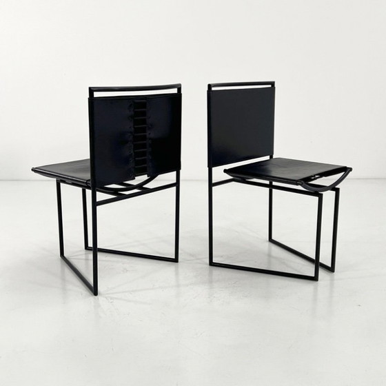 Image 1 of Set van 4 Model 91 stoelen in zwart leer, ontworpen door Mario Botta voor Alias, jaren 90.