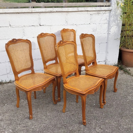 Set Of 5 French Vintage Cane Dining Chairs - 5 Big Cherry Wood Cottage Chairs - Style Louis XV - 80s – Rattan (photo 6 of 19)