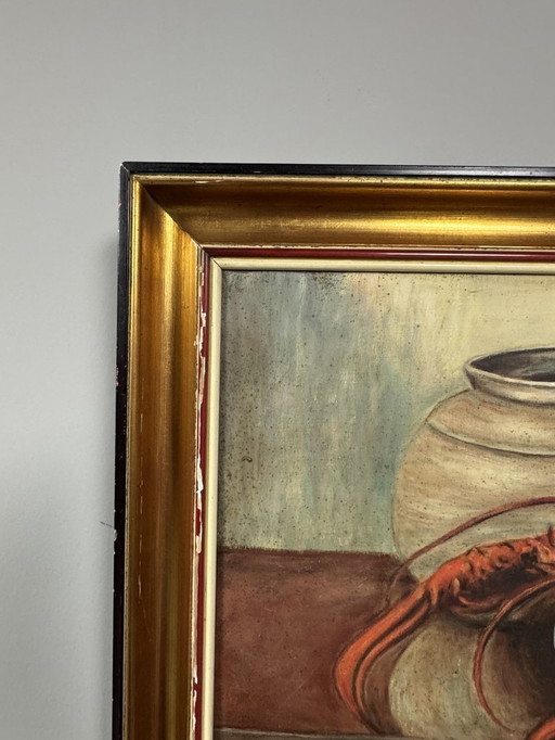 Naturaleza muerta con langosta y limón de R. Viliruvy, óleo sobre lienzo, Bélgica, 1951.