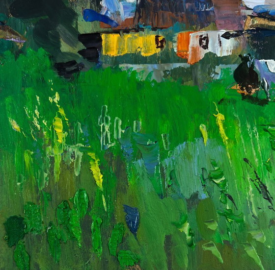 Image 1 of Original Oil Painting Summer Village Landscape Rural idyll with huts and cattle