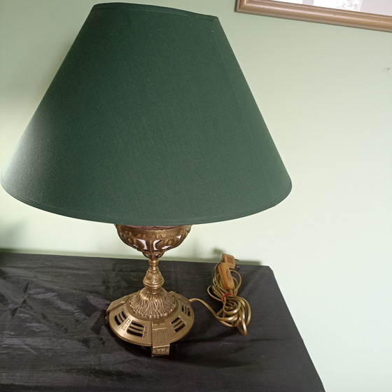 Antique Art Deco Table Lamp with Hand-Painted Earthenware – ca. 1920/1930 (Original Shade) – Bronze (photo 3 of 6)