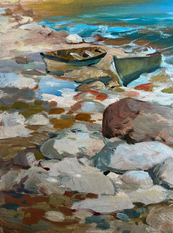 Image 1 of Pintura al óleo original Paisaje costero marino Sonidos de pájaros y olas del mar
