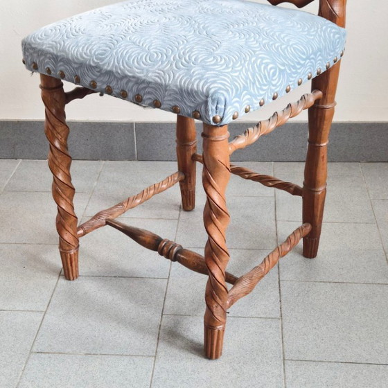 Image 1 of Handcrafted vintage chair from the 1950s in carved wood and velvet, 1950s folk art