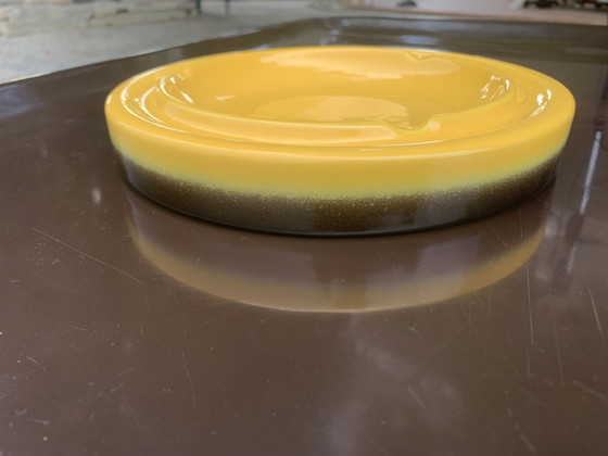 Image 1 of Large Vintage 1970s Round Ashtray, Ø 22 cm - Fat Lava Ceramic, Mustard Yellow and Brown - WGP
