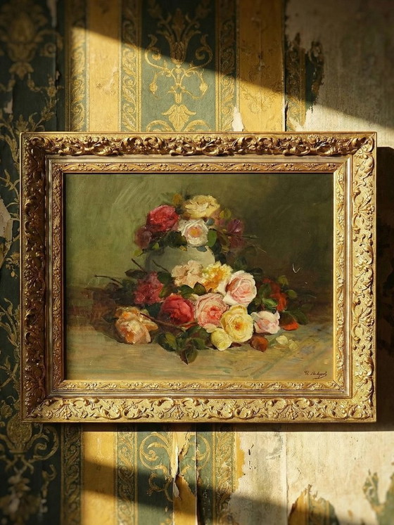 Image 1 of Large antique oil painting on canvas, bouquet of roses, signed, circa 1890-1910