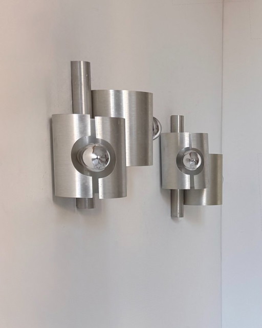 Paar doppelter Vintage-Wandleuchten aus gebürstetem Metall, Frankreich 1970 – wandlampen, Aluminium (photo 2 of 7)