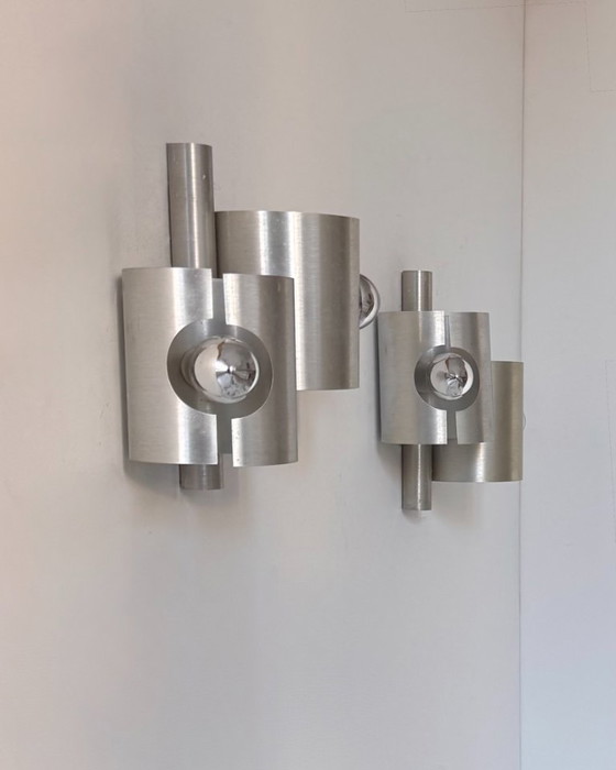 Paar vintage dubbele wandlampen van geborsteld metaal, Frankrijk 1970 – Aluminium (photo 2 of 7)
