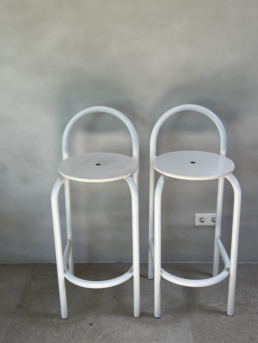 Pair of postmodern white metal stools