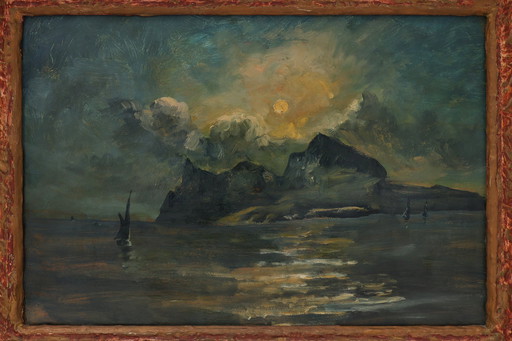 Grande peinture océanique belge du milieu du siècle dans un cadre décoré, années 1960