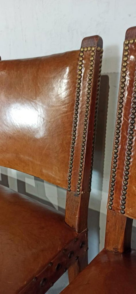 Image 1 of 6 x vintage  Spanish solid wood and leather dining chairs