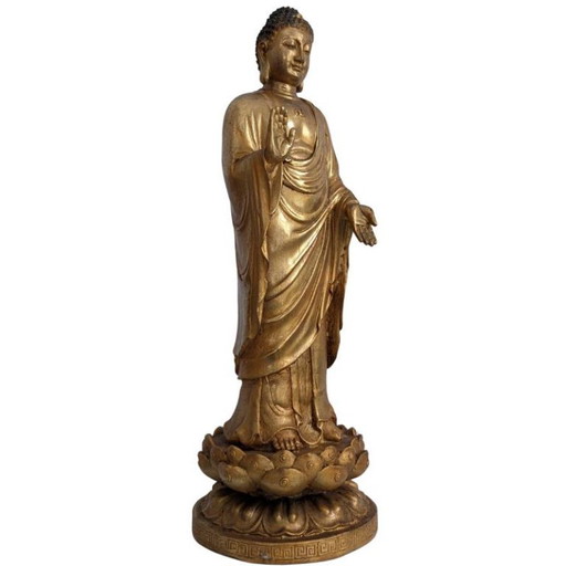 Staande Chinese Vergulde Bronzen Boeddha – Abhaya Mudra – 130 – beeldhouwkunst (photo 2 of 9)